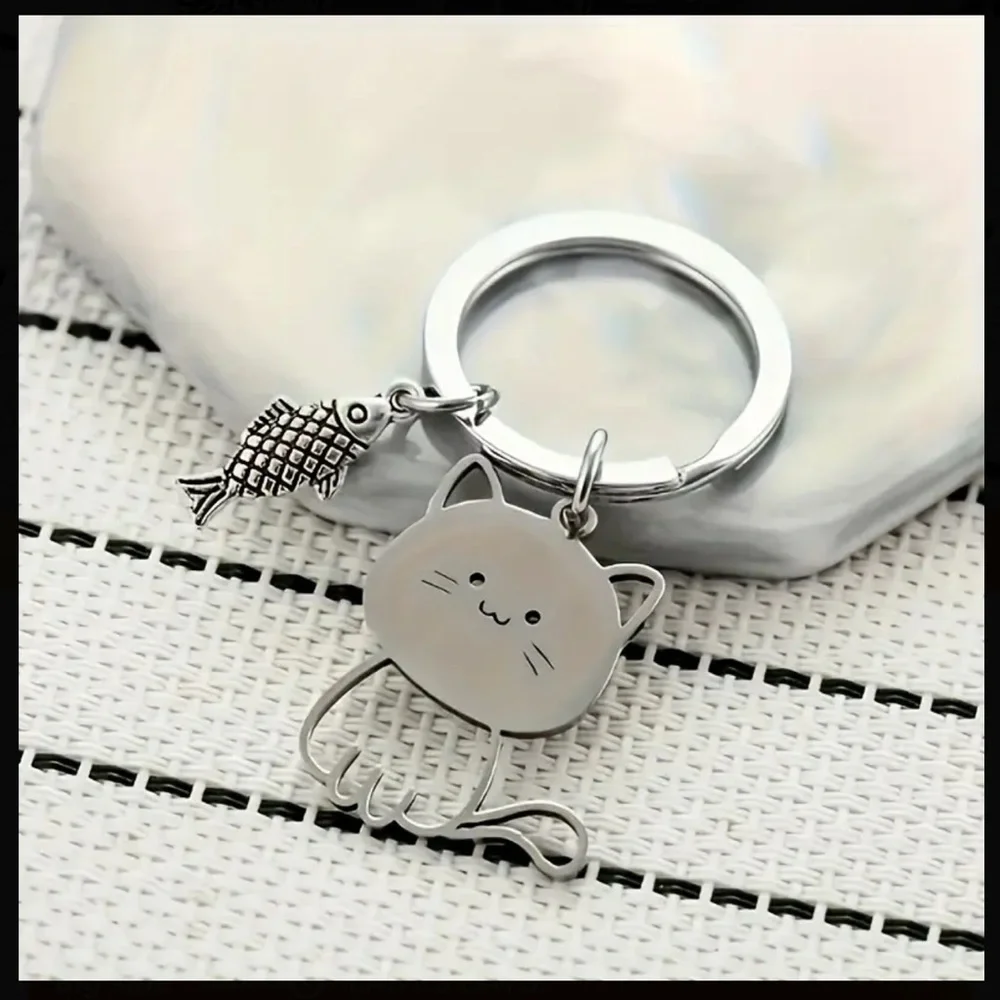 Silver Cat Keychain with Fish Charm